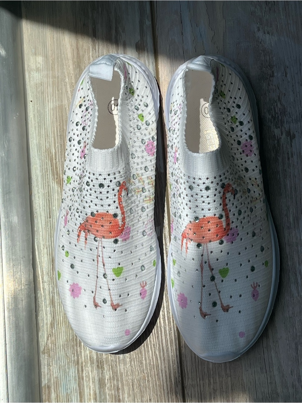 White Slip-On Sneakers with Pink Flamingo Print